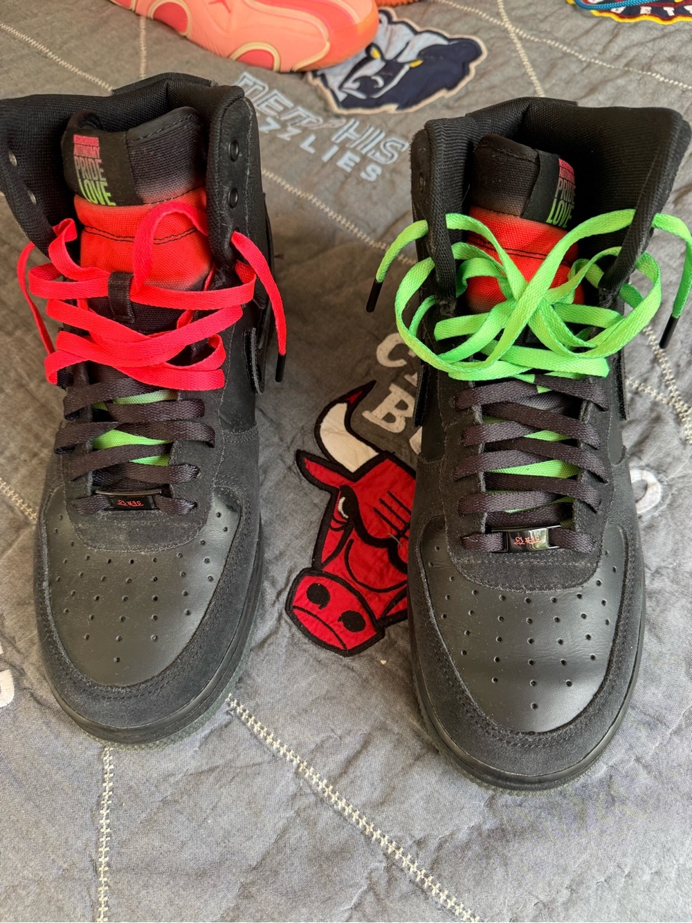 Men's Black High-Top Sneakers with Red and Neon Green Accents